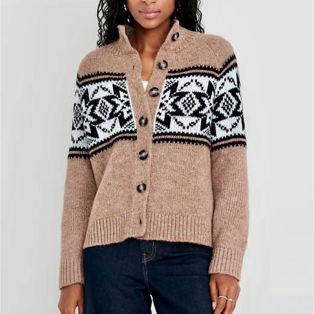 Old Navy Heritage Wool Blend‎ Cardigan Sweater Brown Fair Isle Womens Large NWOT